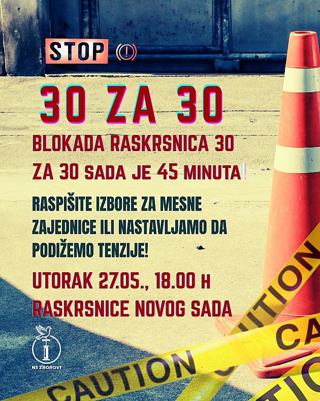 Zborovi Novi Sad pozivaju na još jednu blokadu 30 raskrsnica, ovog puta trajaće 45 minuta